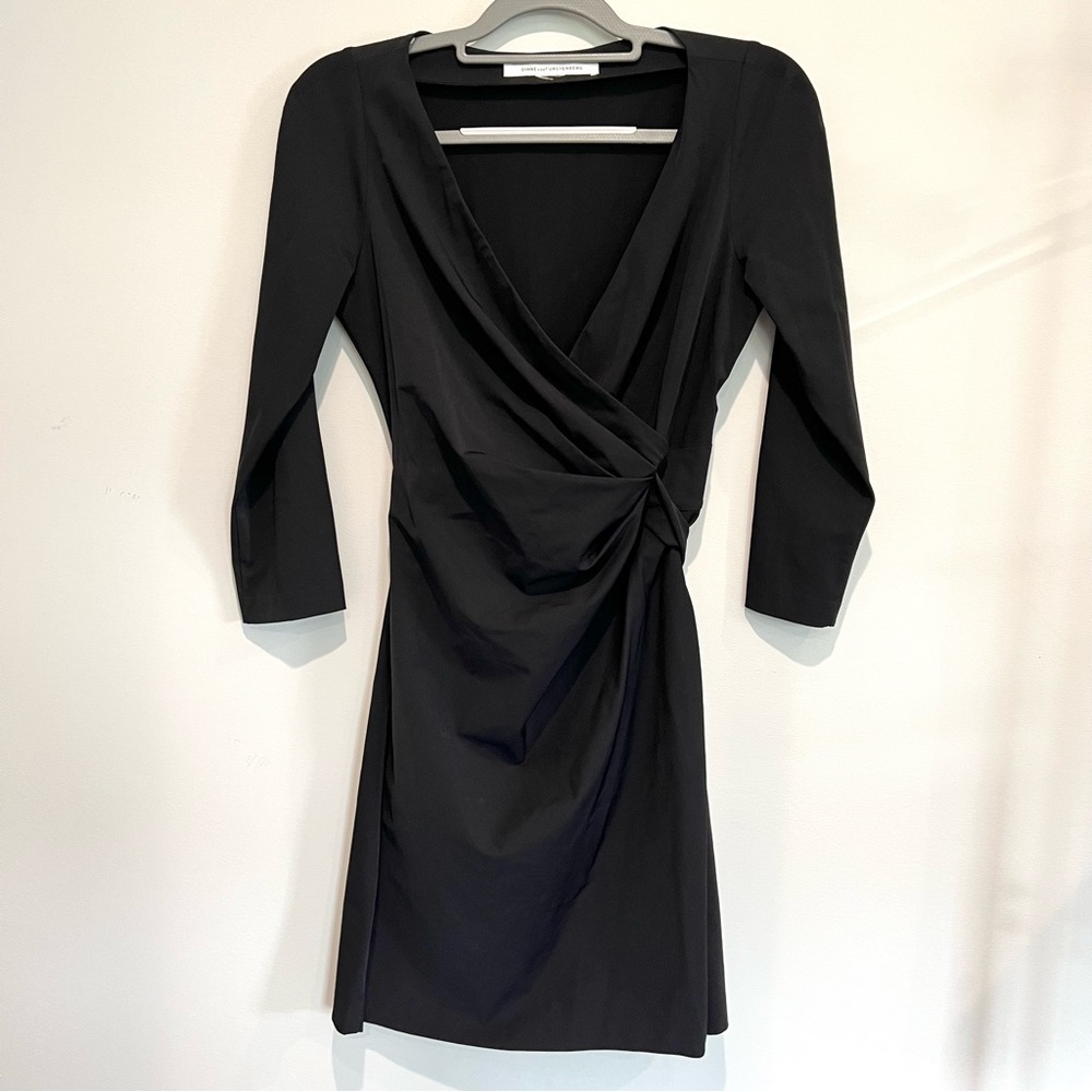 Diane Von Furstenberg Dress Black Nylon Stretch Faux Wrap 3/4 Sleeve Dress sz S